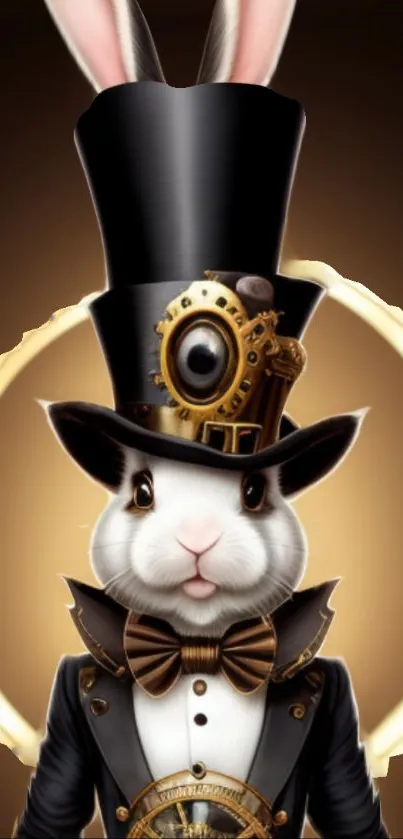 Steampunk rabbit in black top hat with gears in a Victorian-style suit.