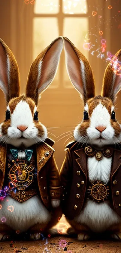 Steampunk rabbits in Victorian costumes with warm brown tones.