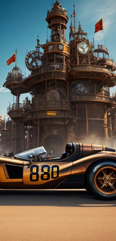 Steampunk racing car with intricate towers in the background.