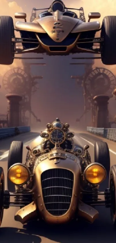 Steampunk racing cars on industrial track, mobile wallpaper art.