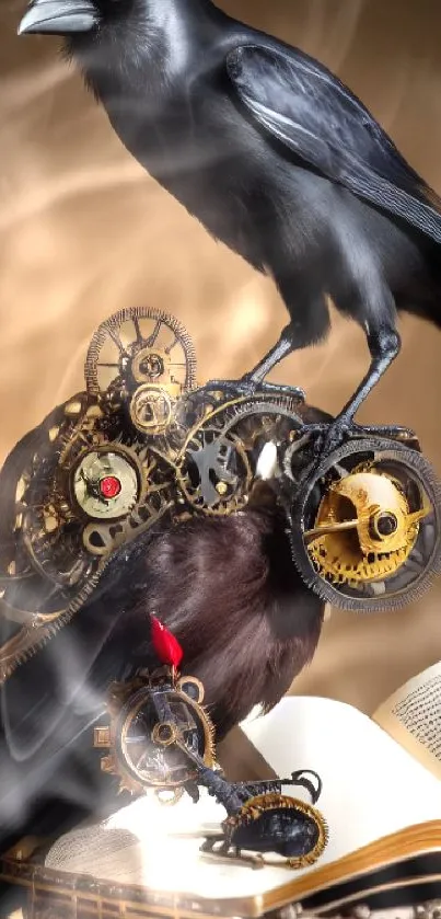 Steampunk raven perched on gears with open book, rich vintage design.