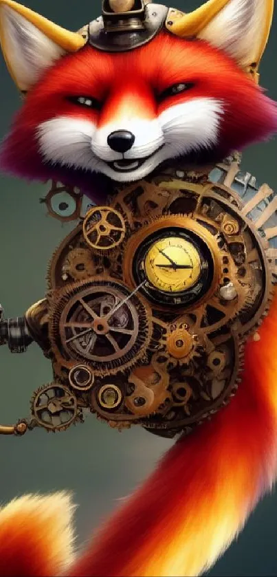 Steampunk red fox with gears and vibrant colors on a dark background.