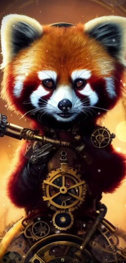 Steampunk red panda with gears on an orange background.