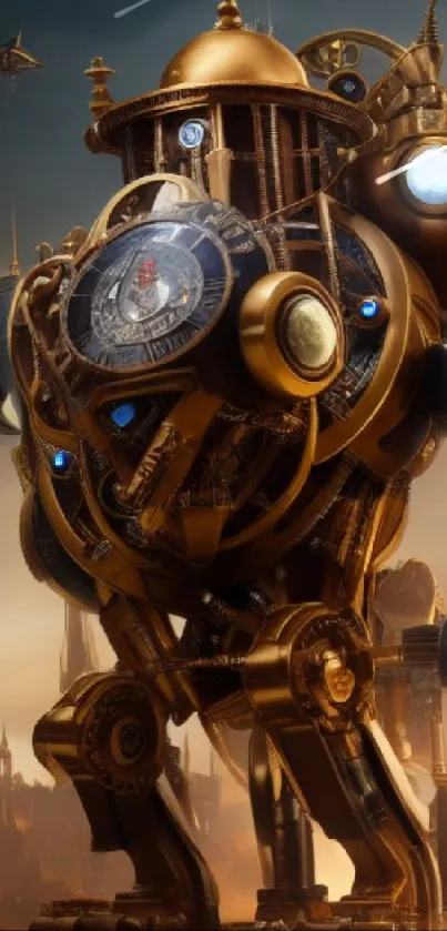 Steampunk robot in futuristic cityscape with brass tones and urban backdrop.