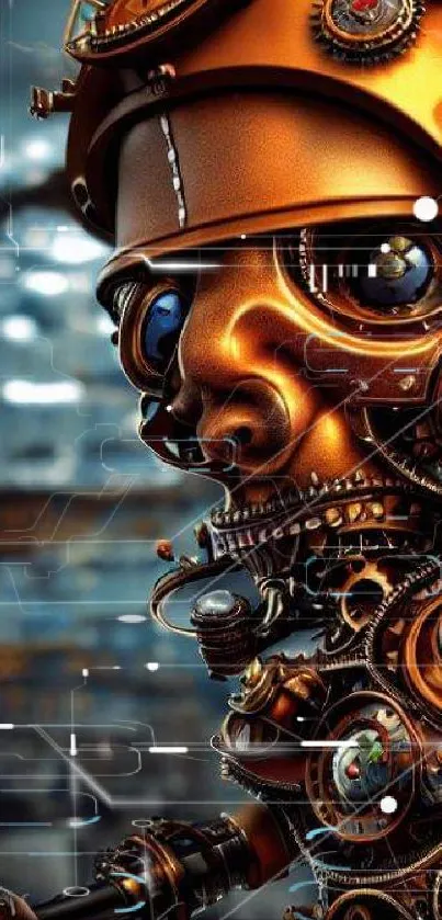 Steampunk robot with copper gears in an industrial setting.