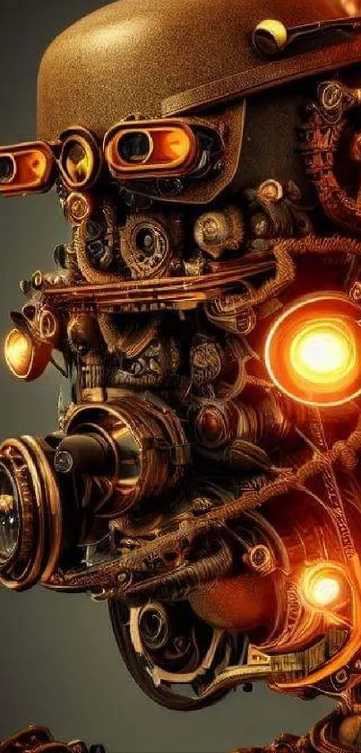 Steampunk robot with glowing orange lights and intricate mechanical design.