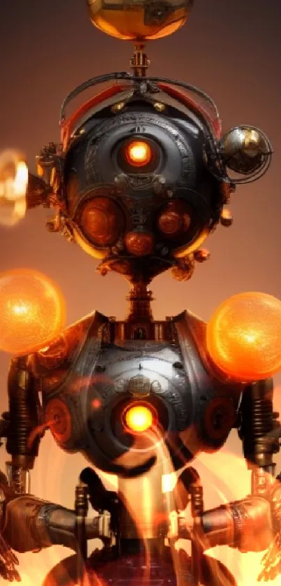 Intricate steampunk robot design on an orange-hued digital wallpaper.