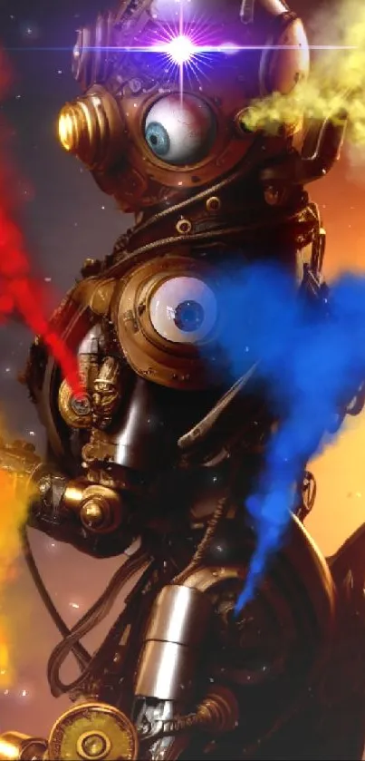 Steampunk robot with colorful steam on orange background.