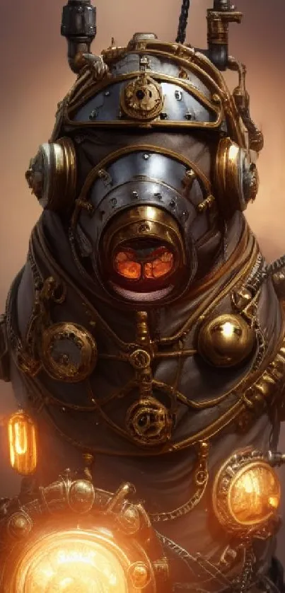 Steampunk robot artwork with metallic and glowing details.