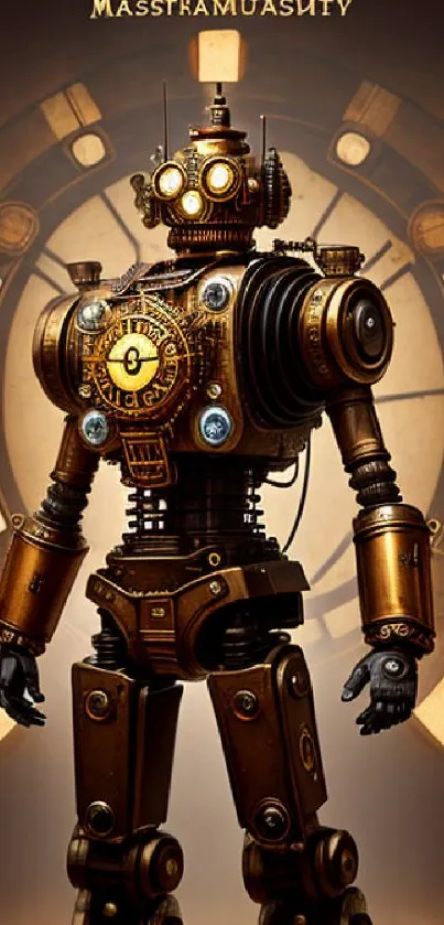 Steampunk robot with intricate clockwork design on bronze background.