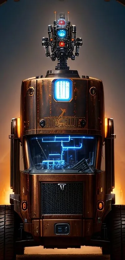 Steampunk robot featuring intricate design and glowing blue accents.