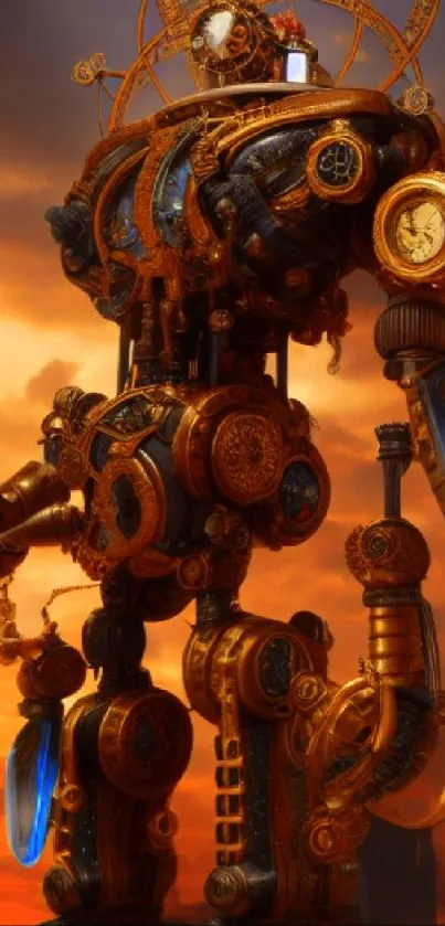 Steampunk robot against a vibrant sunset sky.