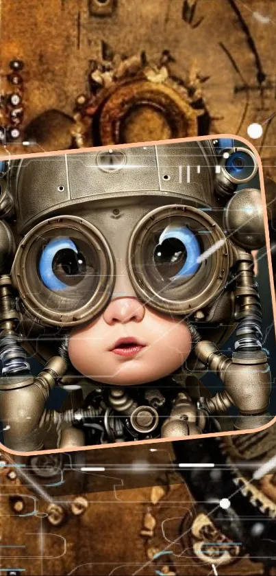 Steampunk child robot with brown mechanical backdrop.