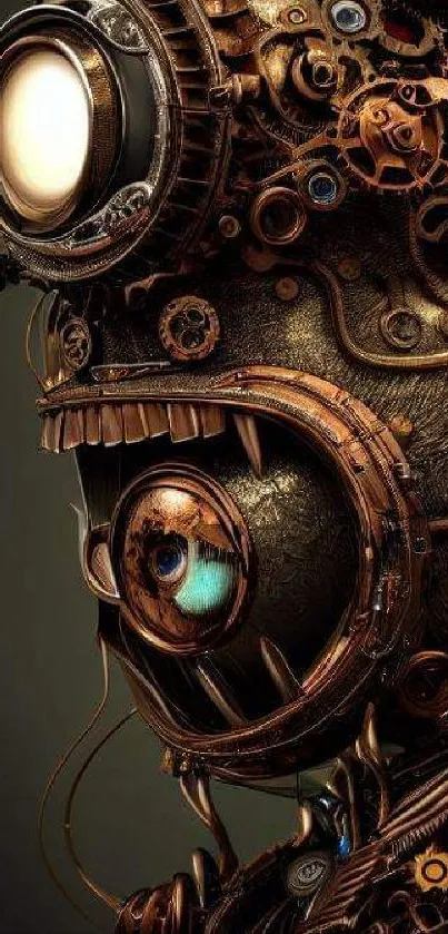 Steampunk robot with gears and bronze tones on mobile wallpaper.