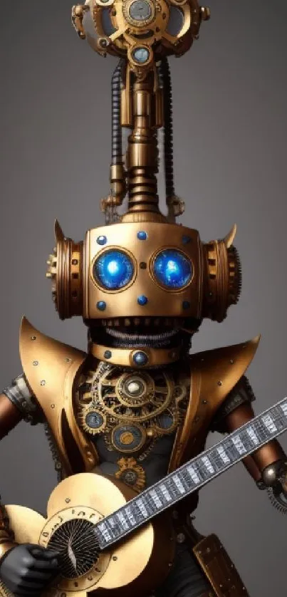 Steampunk robot playing guitar with brass details and blue eyes.