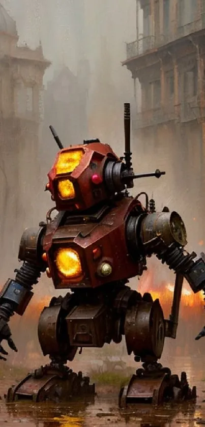 Steampunk robot wandering an eerie cityscape with glowing lights.