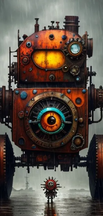 Steampunk robot artwork featuring mechanical design in a rainy setting.