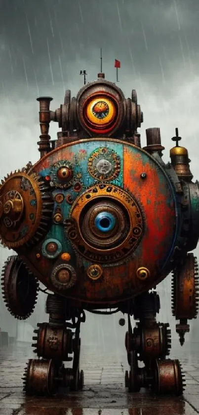 Steampunk robot standing in a rainy alley with intricate gear designs.