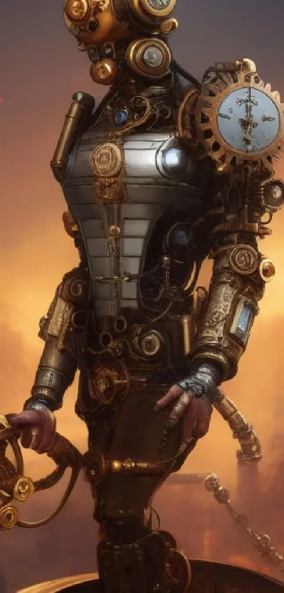 Steampunk robot in a sci-fi landscape with golden mechanical features.