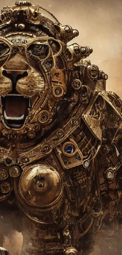 Steampunk robot lion with intricate mechanical design.