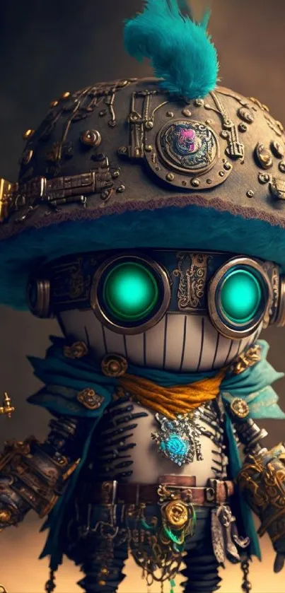 Steampunk robot character with glowing turquoise eyes and intricate details.