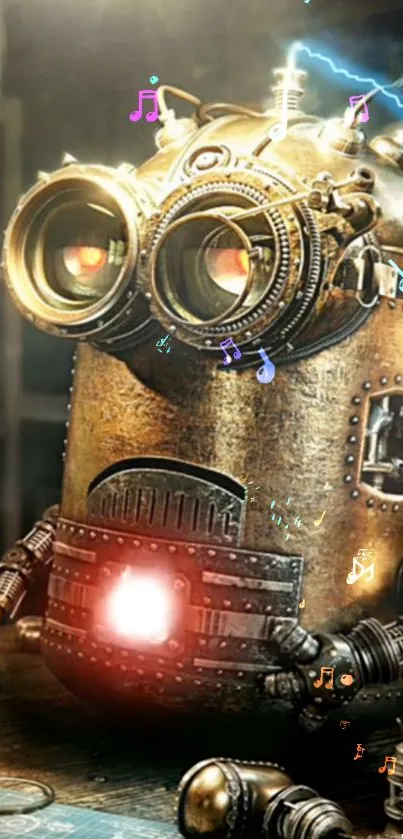 Steampunk robot with glowing eyes and musical notes in brass tones.