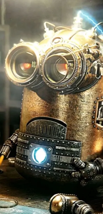 Steampunk robot with gears and glowing eyes in a metallic finish.