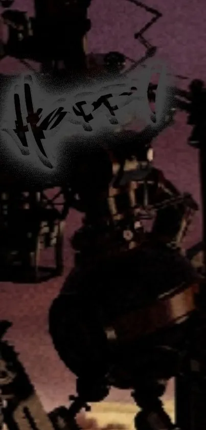 Steampunk robot silhouette in dark, moody setting.