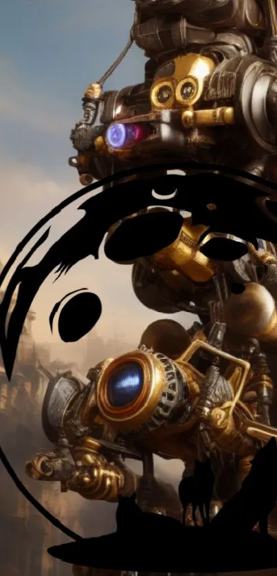 Steampunk robot silhouette with intricate design against a golden sky.