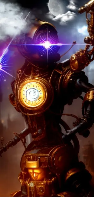 Steampunk robot in a moonlit steampunk setting with glowing elements.