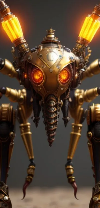 Steampunk robot with glowing lights and intricate gears on a dark background.