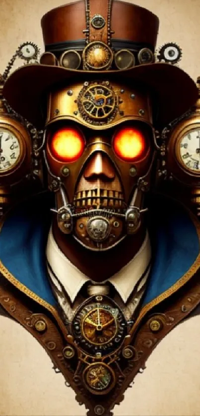 Steampunk robot with glowing eyes and gears in vibrant colors.