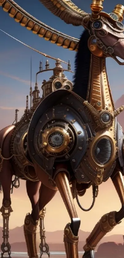 Steampunk robotic horse with intricate mechanical design against a scenic background.