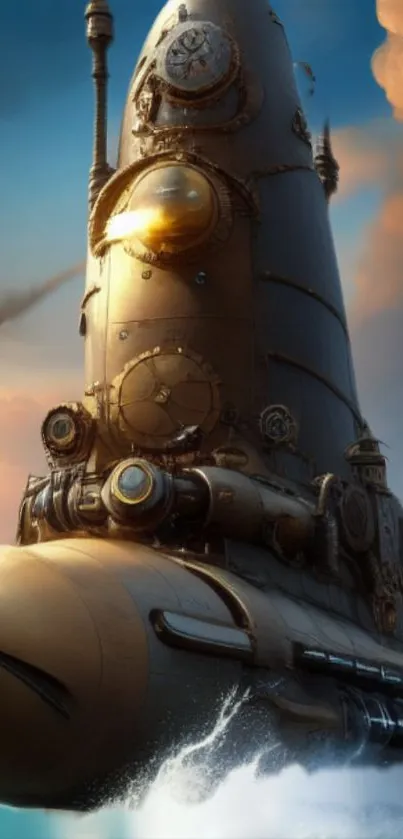 Steampunk rocket in vivid blue sky.