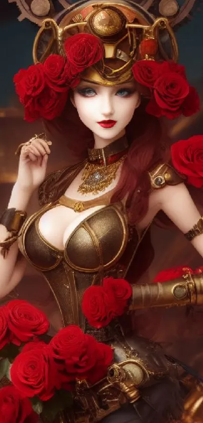 Steampunk woman adorned with red roses and brass elements.