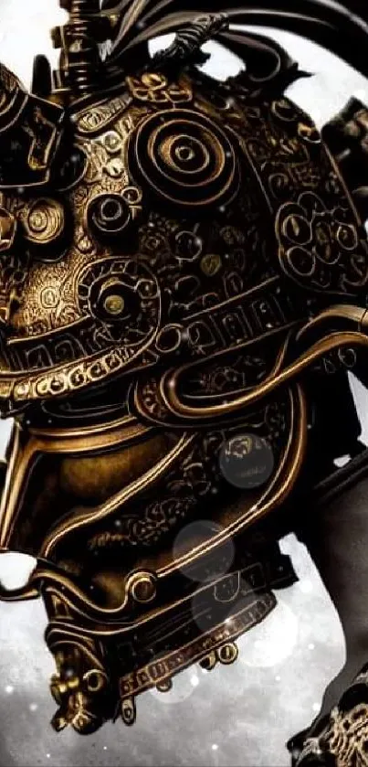 Intricate steampunk samurai helmet in bronze tones for mobile wallpaper.