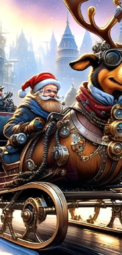 Steampunk Santa riding a reindeer in a Victorian city.