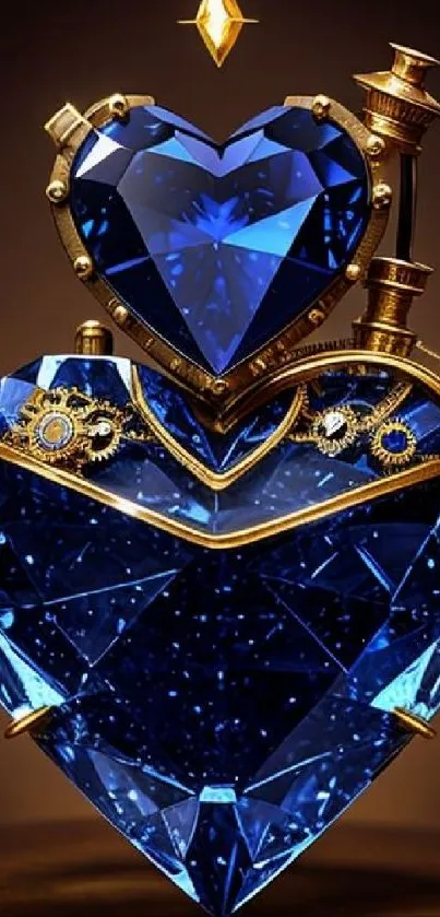 Steampunk sapphire heart art with gold details.