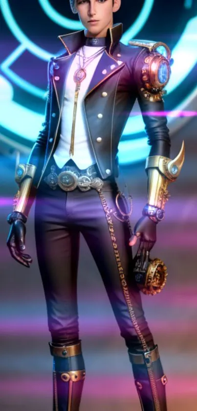 Steampunk character in violet attire with futuristic details.