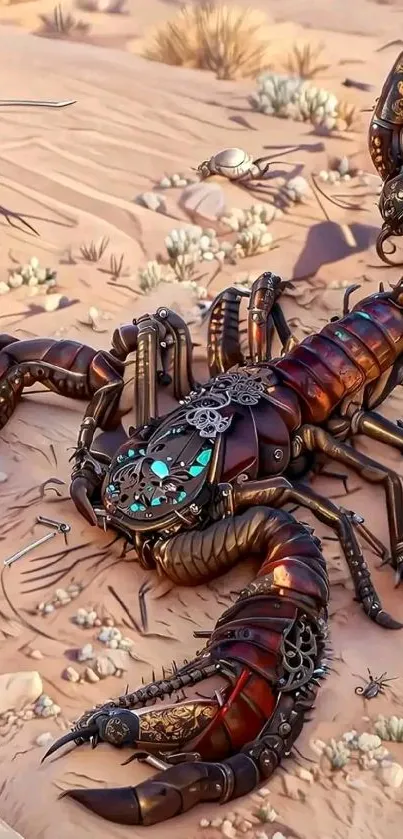 Steampunk scorpion on a desert background with intricate mechanical details.