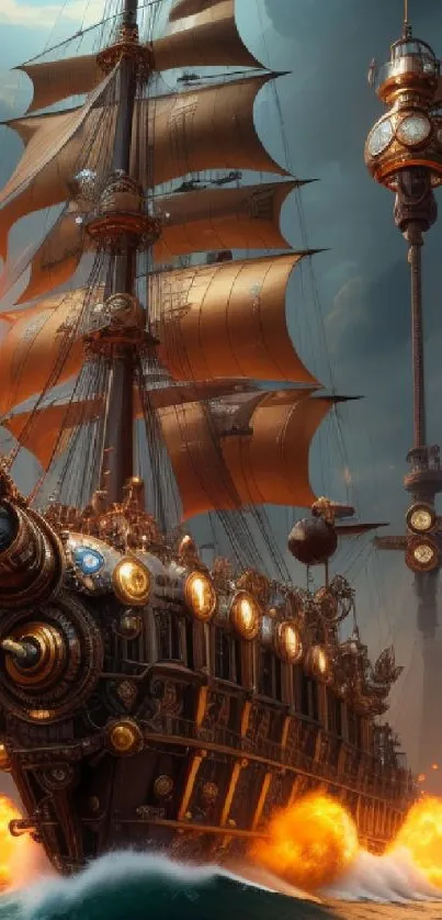 Steampunk ship sailing in fiery seas under a cloudy sky.