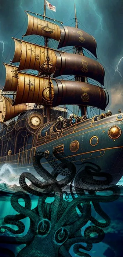 Steampunk ship and sea monster under stormy skies.