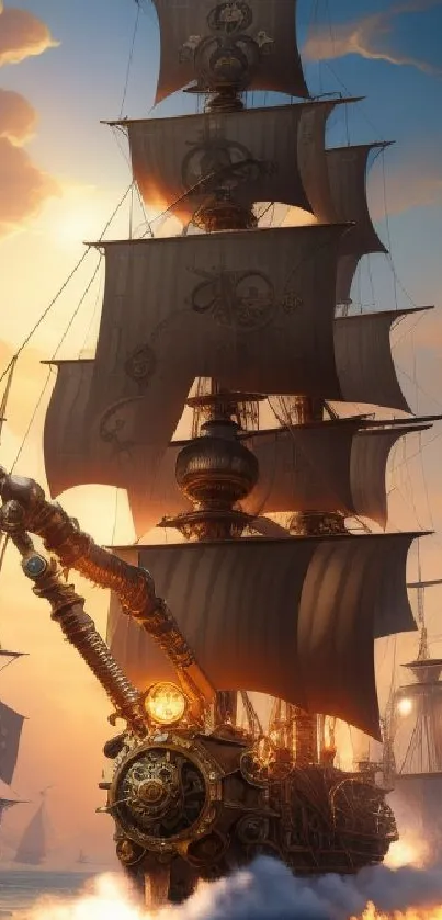 Steampunk ship sailing at sunset with vibrant sky and sea