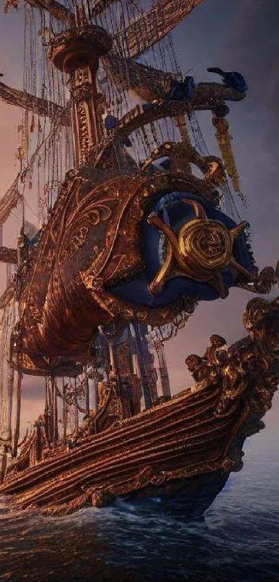 Steampunk ship sailing in sunset, intricate details.