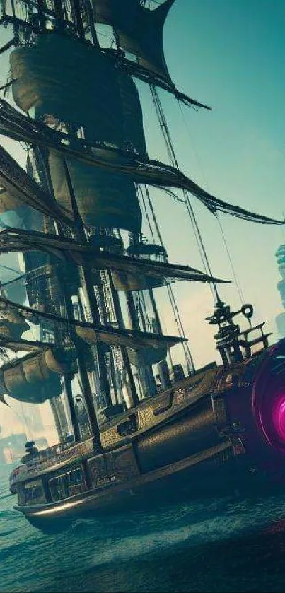 Steampunk ship sailing in a futuristic ocean setting.