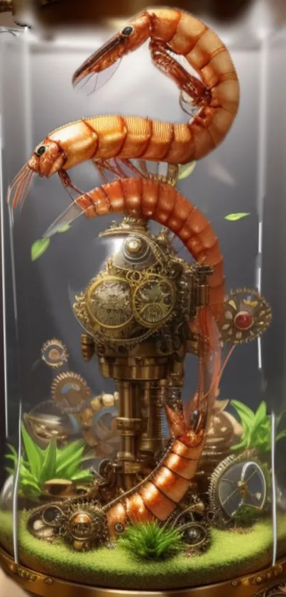 Steampunk shrimp entwined in gears, creating a unique art wallpaper.