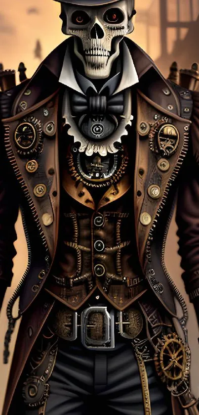 Steampunk skeleton in elegant brown attire with clockwork details.