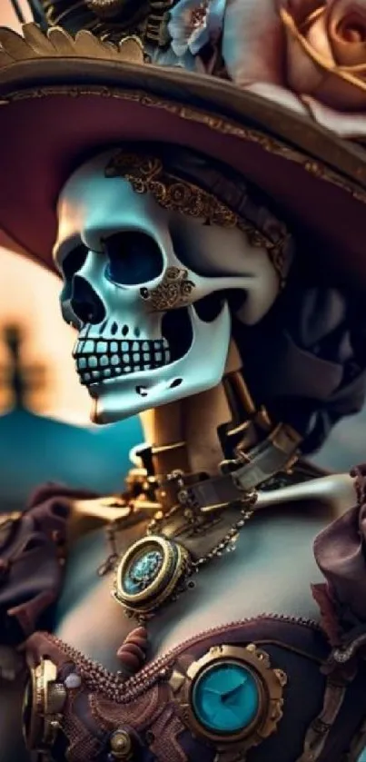 Steampunk skeleton woman with vintage attire and intricate accessories.