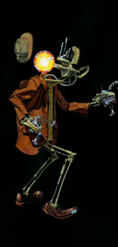 Steampunk skeleton with glowing head and brown coat on a black background.