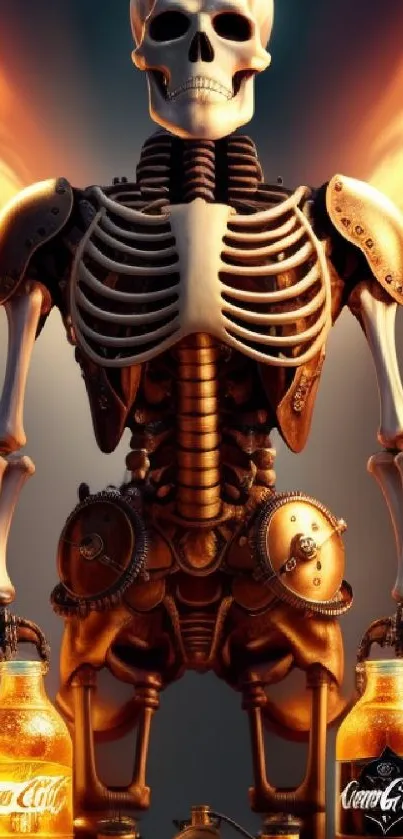 Steampunk skeleton with glowing elements and gothic wings.